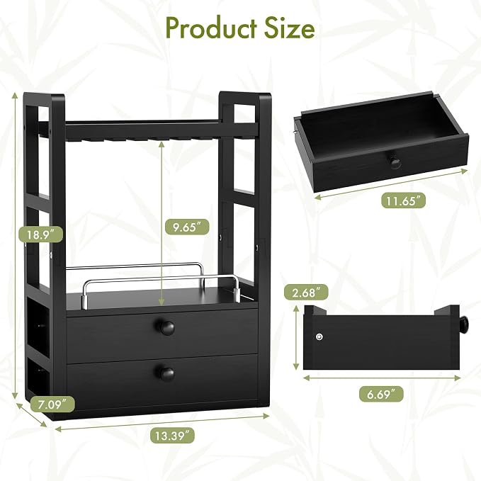 AmazerBath Bamboo Bathroom Counter Organizer, 2-Tier Makeup Organizer with 2 Drawers, Vanity Organizer Storage Coffee Matcha Station, Compact Shelf for Bathroom Kitchen Office Countertop, Black - Image 3
