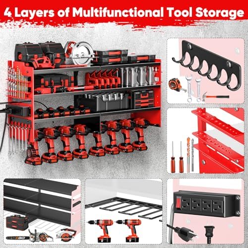 POKIPO Large Power Tool Organizer Wall Mount with Charging Station,4 Layer Heavy Duty Metal Tool Storage Shelf Loads 600lbs,Battery Utility Rack With 4 Outlet Power Strip with 8 Cordless Drill Holder - Image 5
