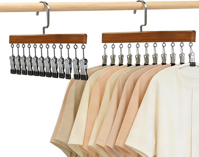 Closet Organizer with 12 Clips, Space Saving Hangers for Clothes, Hanging Closet Organizers and Storage, Wooden Socks Hats Pants Hangers with Clips, for Small Room Organization (2 Pack) by Unknown