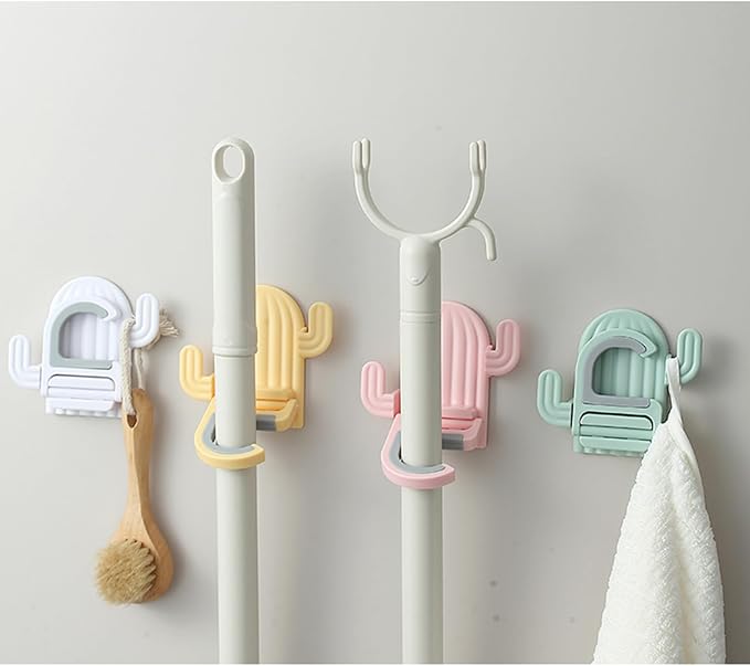 4 pack Broom and Mop Holder Wall Mount，Cute Cactus Wall Utility Hooks No Drill Mop and Broom GripperDecorative Hanging Holder for Bathroom Kitchen（White, Pink, Yellow, Mint Green） - Image 9