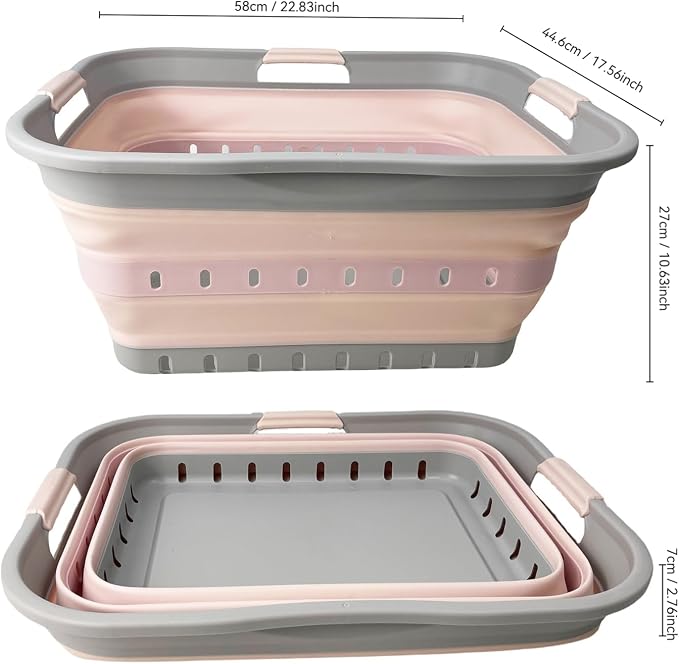 SAMMART 42 (11 Gallons) Collapsible Plastic Laundry Basket, Foldable Pop Up Storage Container/Organizer, Space Saving Hamper, Portable Bin for Dorm Room Bathroom (2, Grey/Pink) - Image 9