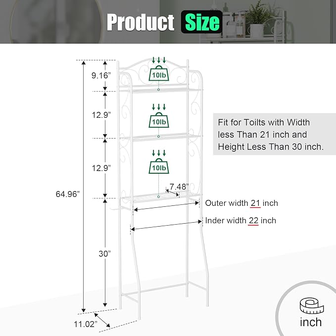 HOME BI Over The Toilet Storage Shelf, 3-Tier Over Toilet Bathroom Organizer Rack, Freestanding Space Saver Toilet Stands with Hooks (White) - Image 3