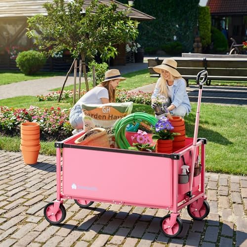 29.3" Collapsible Wagon Cart, 150L Heavy Duty Folding Utility Wagon with Wheels, 260 lbs Load, Portable Rolling Cart for Garden, Shopping, Sports, Camping, Pink - Image 2