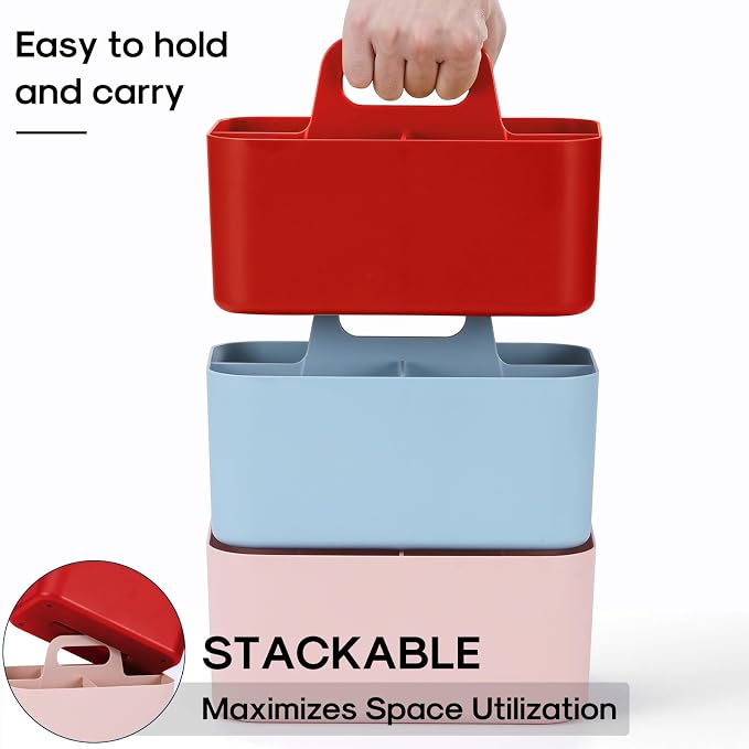 Multiuse Caddy Organizer with Handle, Portable Divided Plastic Tote Bin - Art Craft, Stationary Pen Marker Crayons, Makeup Hair Supplies Storage - Bathroom, Classroom, Dorm, Office, Desk Holder - Red - Image 7