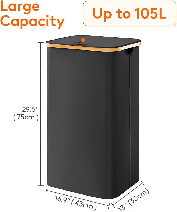 Lifewit 105L Large Laundry Basket with Lid, Removable Bags, Black - Image 3