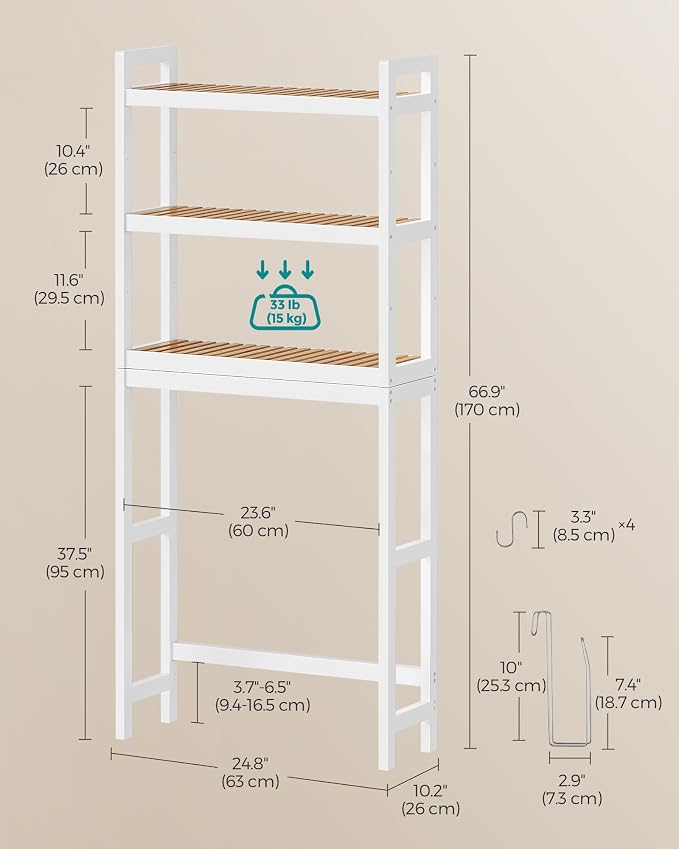 SONGMICS 3-Tier Bamboo Over The Toilet Storage, Adjustable Shelf, 66.9''H - Image 3