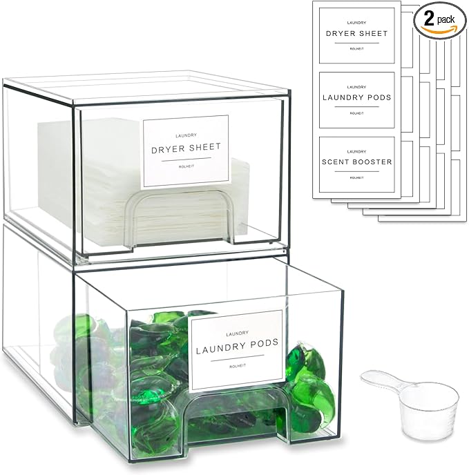 2 Pack Laundry Room Organization Storage Drawers with Labels, Clear Stackable Dryer Sheet Holder and Pod Containers, Detergent Dispenser for Laundry Room Organizing and Decor by Rolheit