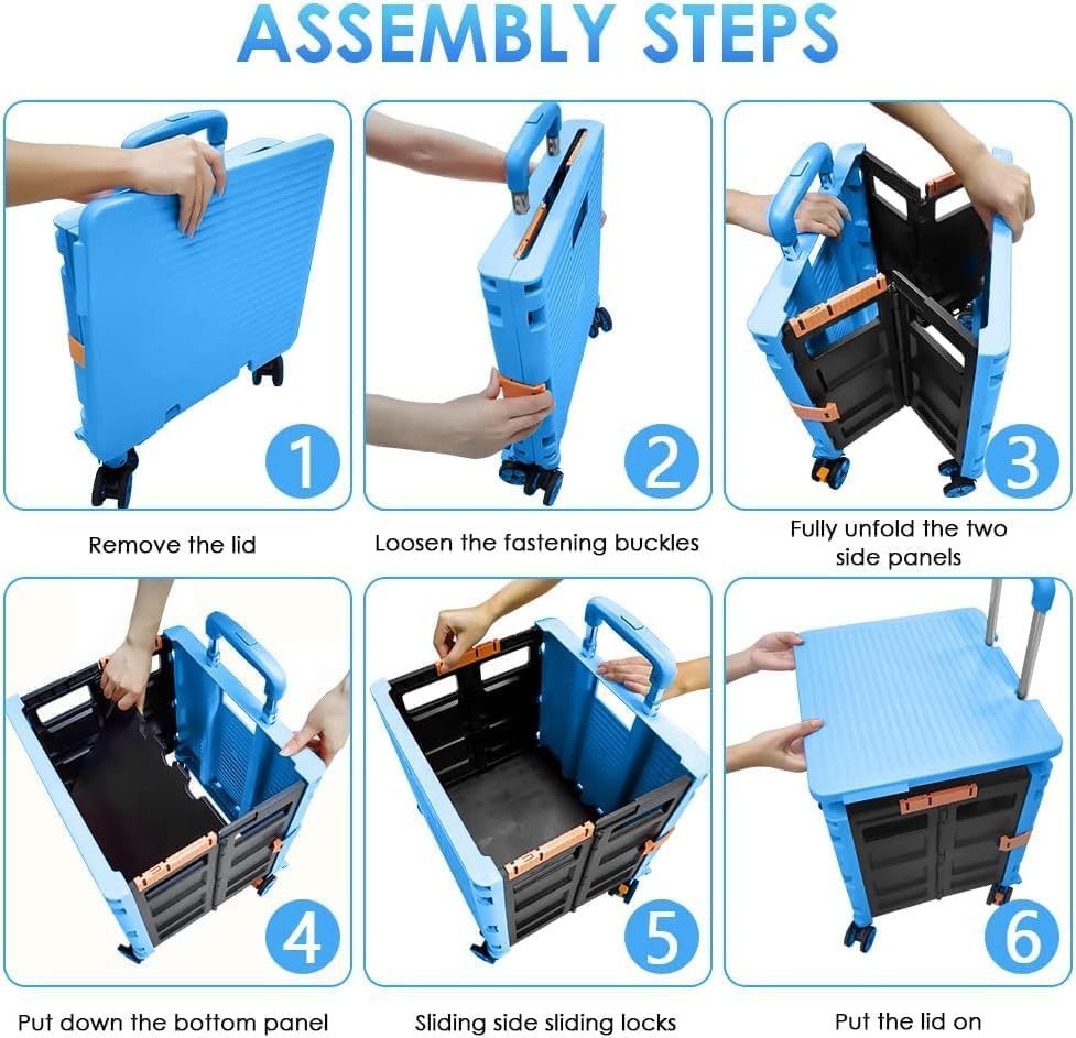 Foldable Utility Cart Folding Portable Rolling Crate Handcart Shopping Trolley Wheel Box with Lid Wear-Resistant Noiseless 360°Rotate Wheel for Travel Shopping Moving Storage Office Use (Sky Blue) - Image 3