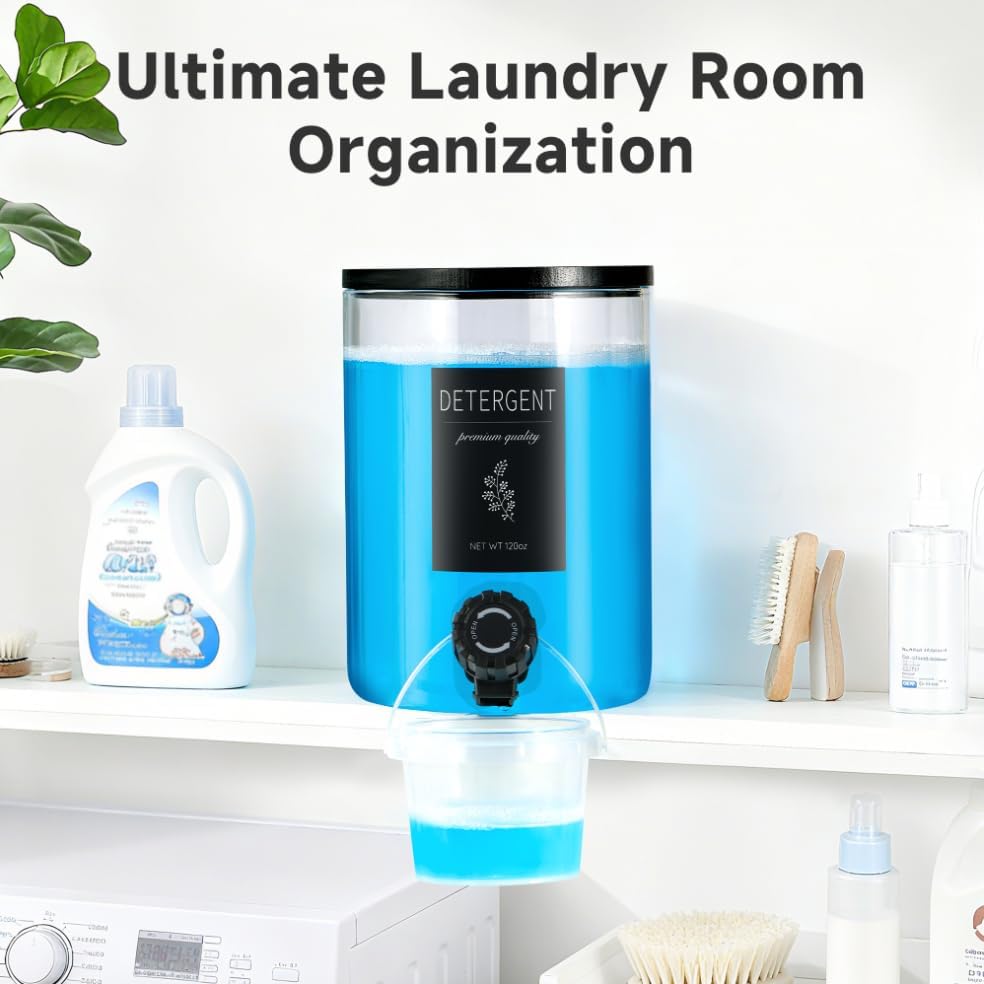 1 Glass Laundry Detergent Dispenser with Black Bamboo Lid - 120 Oz Liquid Detergent, Laundry Soap & Fabric Softener Dispenser for Laundry Room Organization and Storage with 1 Cups & 4 Labels - Image 2