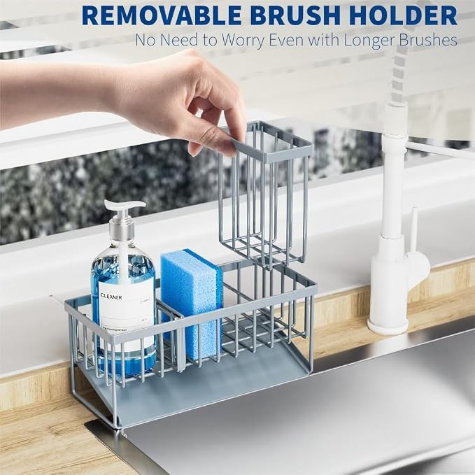Cisily Sink Caddy Organzier with High Brush Holder, Sponge Holder for Sink, 304 Rustproof Stainless, Kitchen Countertop Soap Dispenser Organizer, Gray Blue Kitchen Decor and Accessories - Image 4
