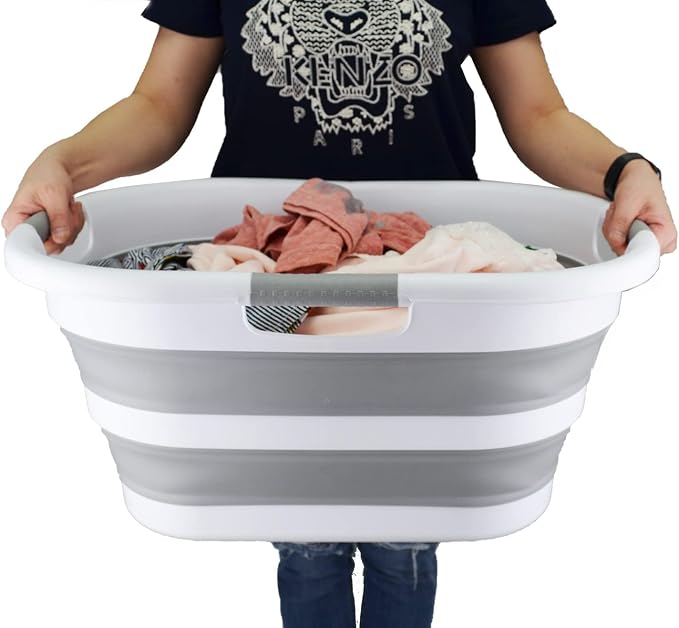 SAMMART 40L (10.5 gallons) Collapsible Plastic Laundry Washing Tub - Foldable Pop Up Laundry Basket/Hamper - Portable Washing Tub - Pop Up Saving (White/Grey) - Image 6