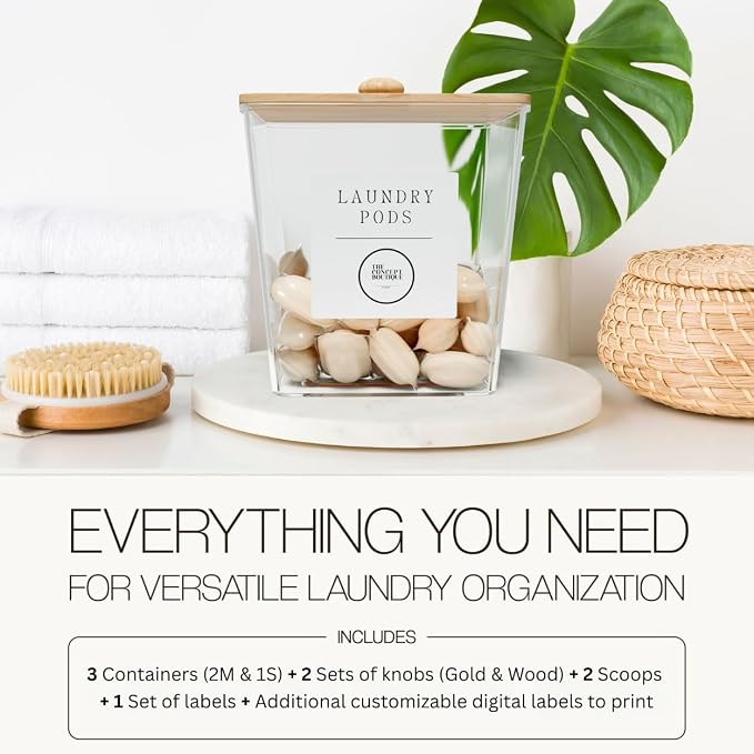 3 Pack Acrylic Laundry Room Organization Containers with Gold & Wood Knobs – Laundry Pods Container & Detergent Organizer Set | Clear Laundry Jars | Scoops & Customizable Labels | Storage Canisters - Image 7