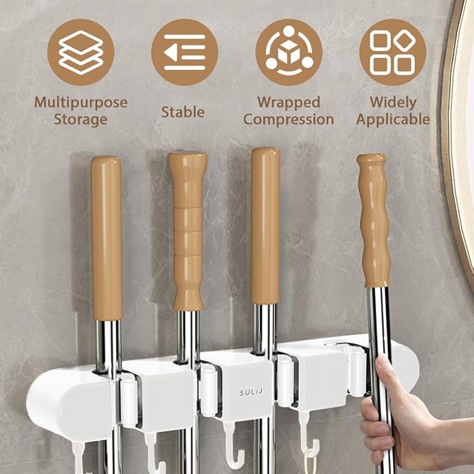 2Pcs Broom Holder Wall Mount, No-Drilling Self-Adhesive Mop and Broom Storage Rack with Hooks (4 Racks with 5 Hooks), Wall-Mounted Broom Hanger for Bathroom, Kitchen, Closet, Garage (White ﻿) - Image 5