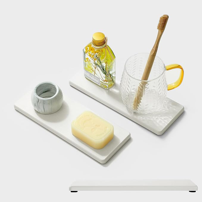 2PCS White Water Absorbing Diatomite Stone Drying Soap Dish Sink Vanity Tray for Bathroom/Kitchen Counter, Sponge Holder Mat Dispenser Rack Faucet Splash Guard Caddy Organizer, 9"x3.5" - Image 8