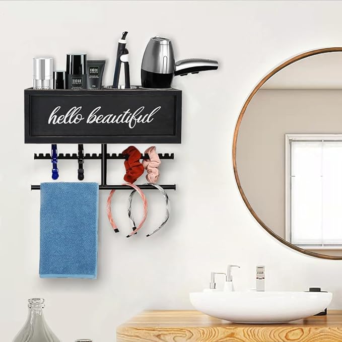 Rustic Hair Dryer Holder Wall Mounted,Hair Styling Tools & Accessories Organizer,Bathroom Supplies & hot Tools vanities Organizer Caddy,for Storage Flat Iron,Blow Dryer,Curling Iron,Towel - Image 5
