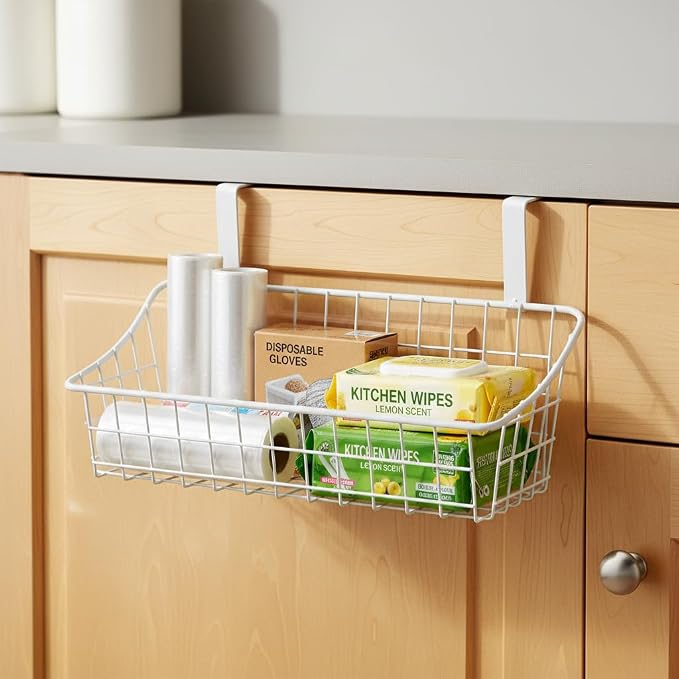 LeleCAT White Basket with hook Grid Storage Basket,Hang it behind a door or on a railing,Over the Cabinet Door,2 Pack - Image 4