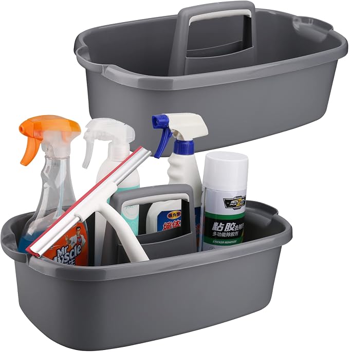 Cleaning Caddy Organizer with Handle, Gray Plastic Bucket for Cleaning Supplies Products, Cleaning Tool Storage Tote, 2 Pack by KeFanta