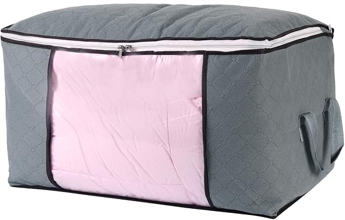 combocube Comforter Storage Bag, Zippered Bag with Large Clear Window and Carry Handles, Space Saver Organizers for Closet, Blanket, Pillow, Quilt, Bedding, Clothes (4Pcs Grey Large) - Image 2