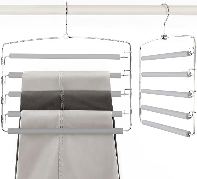 TOPIA HANGER Pants Hangers Space Saving with 5 Tiers Non-Slip Foam Padded | 2 Pack 80% Space Save Closet Orgainzer, 360° Swivel Hook, Multi Layers Swing Arm Non-Slip Foam Padded for Pants Jeans Gray by TOPIAHANGER