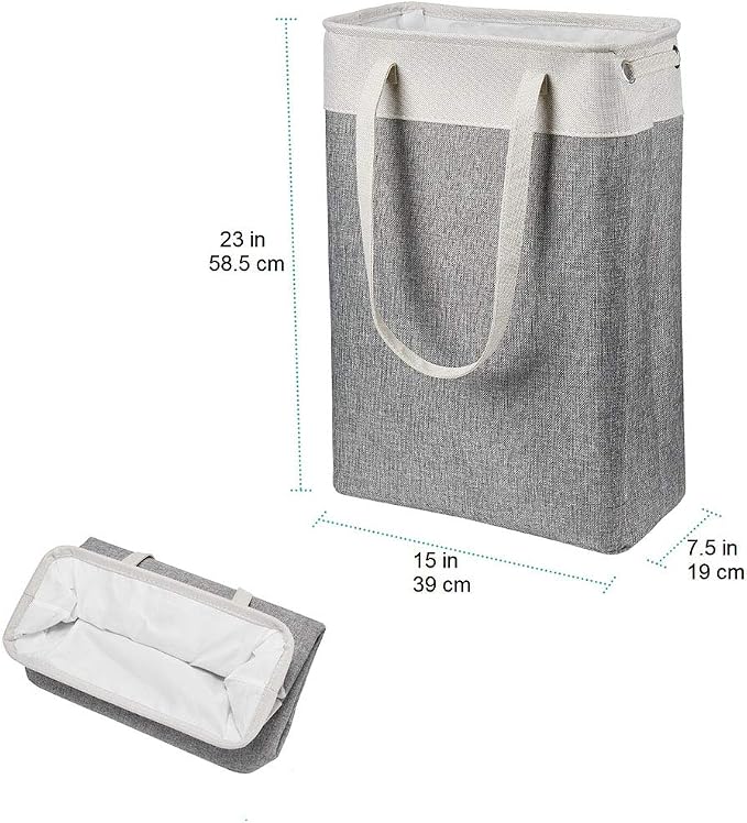 Laundry Basket with Handles Beige&Grey-Slim Laundry Bin Collapsible Dirty Clothes Basket Narrow Laundry Bag Foldable Dirty Hamper for Camping, Dorms, Apartments - Image 4