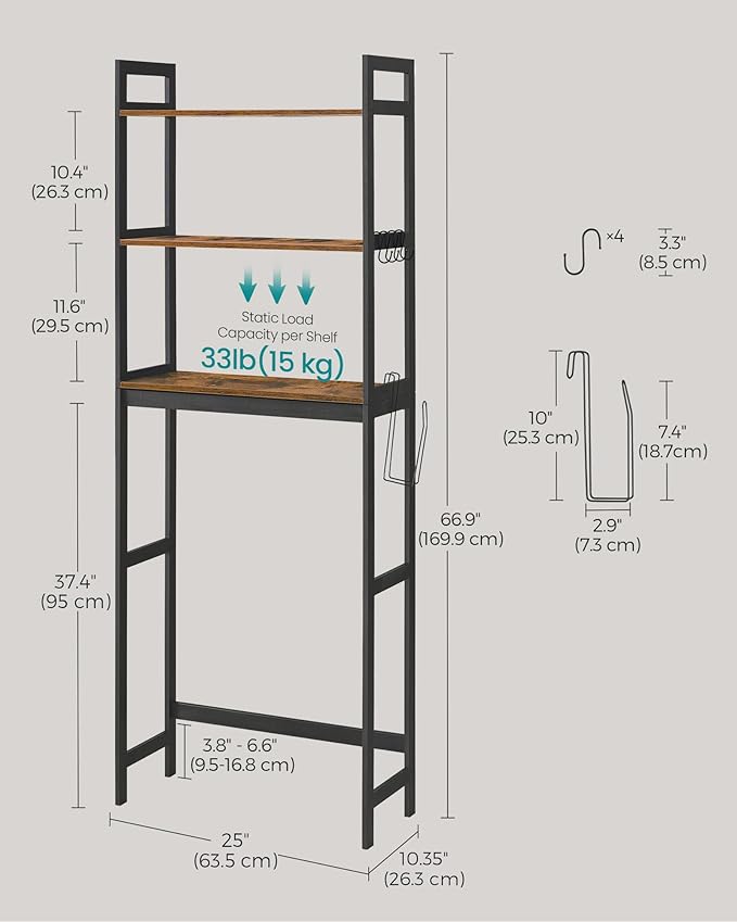 SONGMICS 3-Tier Bamboo Over The Toilet Storage, Adjustable Shelf, 66.9''H - Image 3