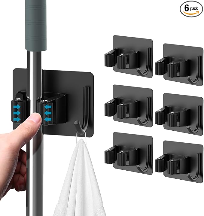 homeasy Broom Holder Wall Mount 6Pcs, Self Adhesive Mop Broom Hanger Black by HOMEASY