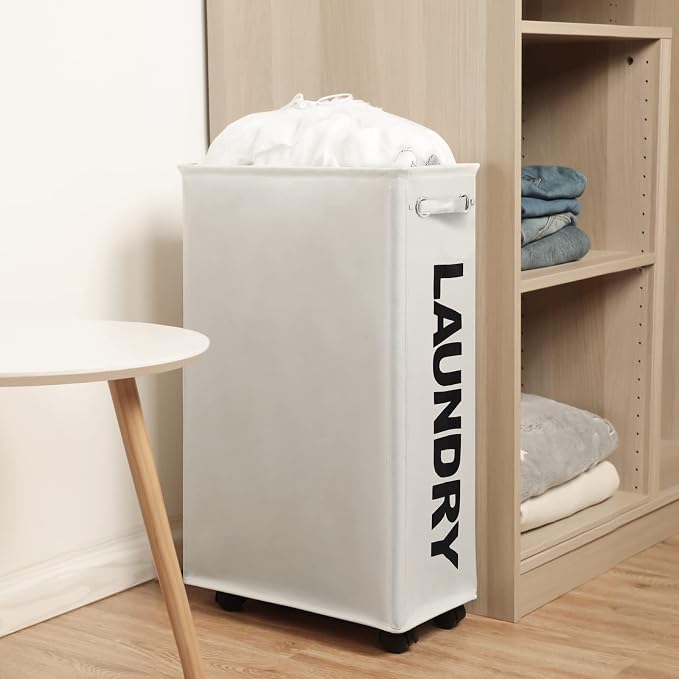 DOKEHOM 29" Enlarged Slim Rolling Laundry Basket Hamper on Wheels, Beige - Image 8