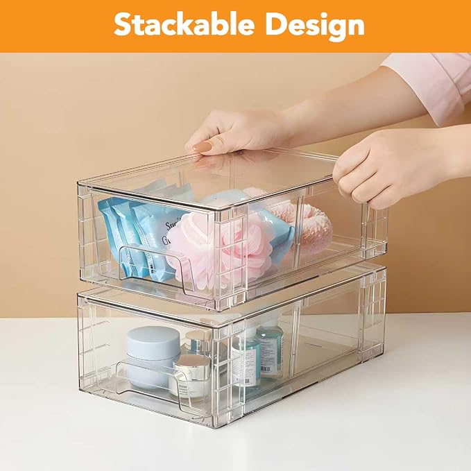 6 Pack Stackable Storage Drawers,Plastic Organizers Bins, Drawers Storage with Handles and Movable Dividers for Organization and Storage in Fridge,Bathroom, Pantry, Kitchen Cabinets, Under Sink - Image 9