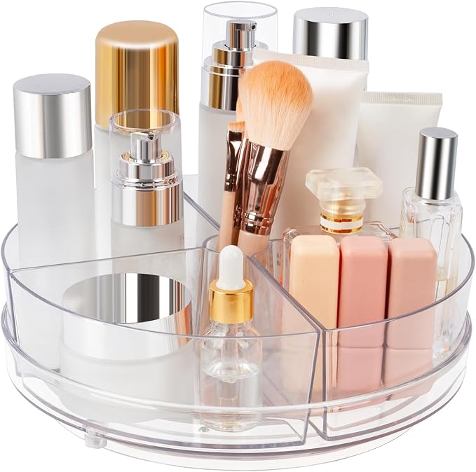 360° Rotating Makeup Organizer, 9" Clear Turntable Lazy Susan Organizer for Vanity, Bathroom Counter, Cabinet, Spinning Cosmetic Storage Holder with 4 Removable Dividers for Skincare, Makeup Brushes by Dezzer