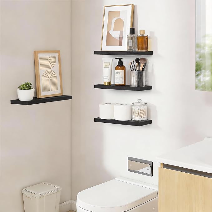 BAYKA Black Floating Shelves 15.7in, Set of 4, Wall Mount Rustic Wood Shelf - Image 5