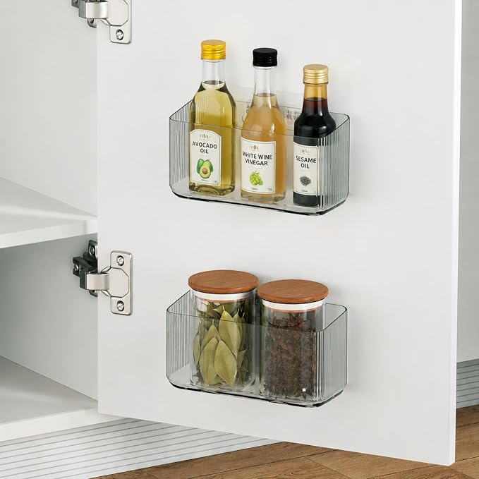 MaraFansie 4 Pack Over Cabinet Organizer Storage Lid Organizer Caddy Space Saver No Drilling Adhesive Hook Over Door Organizer, Clear Gray - Image 3
