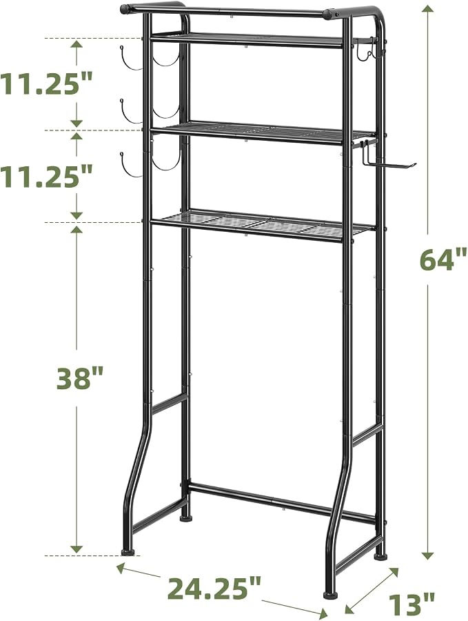 Simple Trending Over The Toilet Storage Cabinet, Metal Bathroom Shelf Organizer with Paper Holder and Hooks, 3 Tier, Black - Image 7