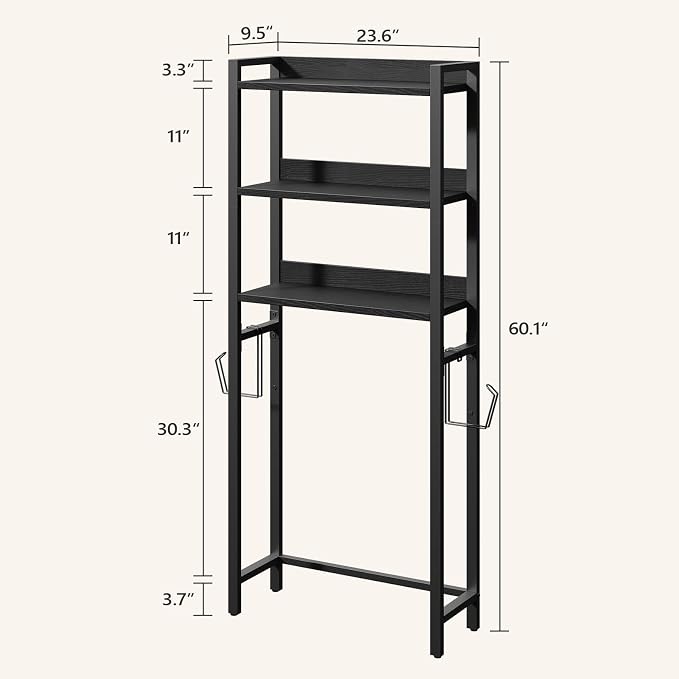 MAHANCRIS Over The Toilet Storage Rack, 3 Tier Bathroom Organizer Over Toilet, Freestanding Space Saver Toilet Stand with 2 Hooks, Bathroom Storage Shelf, Easy to Assemble, Black TSBK6001 - Image 2