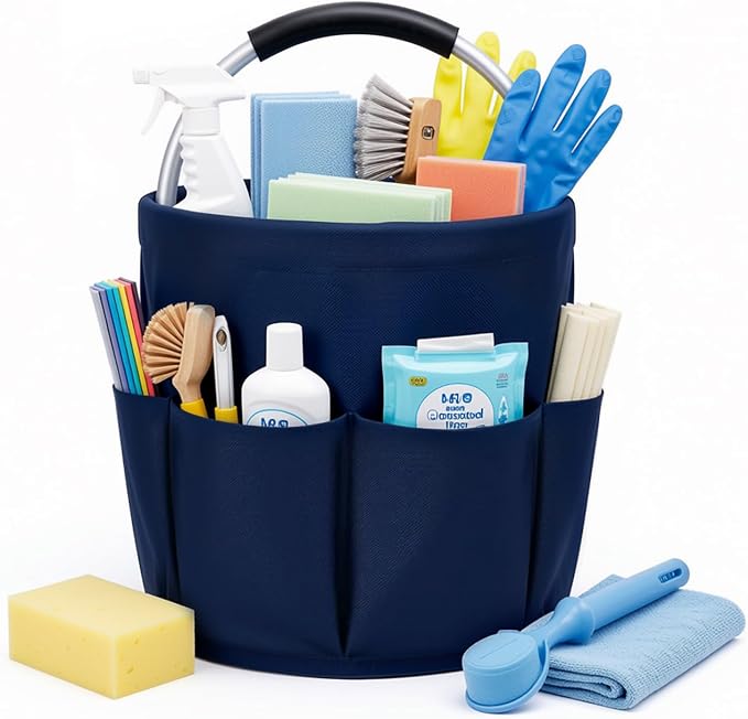 Cleaning Caddy with Handle, 17L Foldable Storage Basket, Heavy Duty 600D Oxford Cloth Organizer, Portable Supply Bag, Multi-Purpose Supplies Caddy for Home, Bathroom, Kitchen, Garden - Dark Blue by Unknown