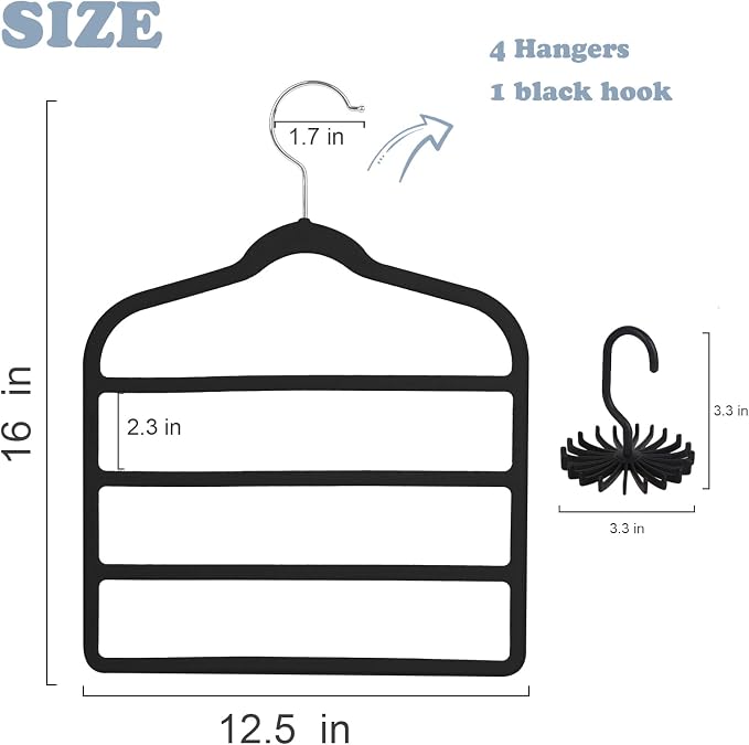 Tinfol Velvet Pants Hanger Space Saving, 4pc Black Non-Silp Velvet Hangers with Hook, Multi Tier Ultra Thin Trousers Hangers, Closet Clothes Hanger Organizer Storage for Trousers, Scarves, Jeans - Image 2
