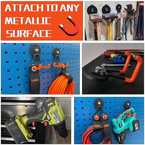 ULIBERMAGNET Heavy Duty Magnetic Garage Hooks,4 Pack Strong Large Magnet Hooks for Power Drill,Garden Tools,Hose,Pegboard,Garage, Workshop,Magnetic Storage Hooks for Indoor Outdoor Hanging(Orange) - Image 4