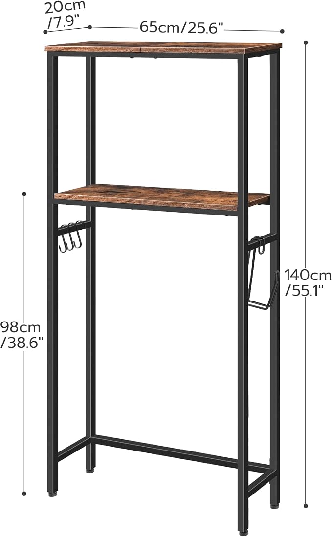 HOOBRO Over The Toilet Storage, 2-Tier freestanding Over the Toilet Storage, Bathroom Organizer Over Toilet with Toilet Paper Holder and Hooks, Space Saver for Room, Rustic Brown and Black BF49TS01 - Image 2