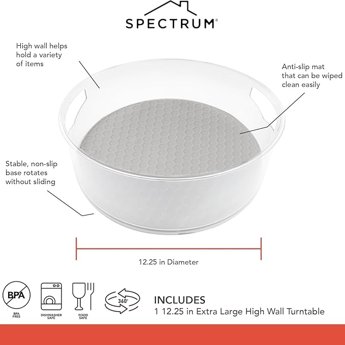Spectrum Extra Large Tall Lazy Susan Organizer 12.25 in Oyster Gray XL High Wall Turntable Rotating for Kitchen Countertop Table Bathroom Cabinet Refrigerator Pantry Shelf Under Stink Organization - Image 5