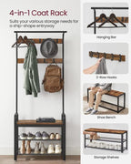 VASAGLE Coat Rack, Hall Tree with Shoe Bench, 4-in-1, 9 Removable Hooks - Image 3