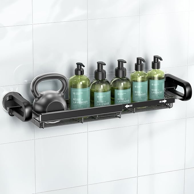 JOTPE Expandable Shower Caddy, No-Drill Suction Shower Shelf, Black by SHOWERORGANIZERANDSTORAGE