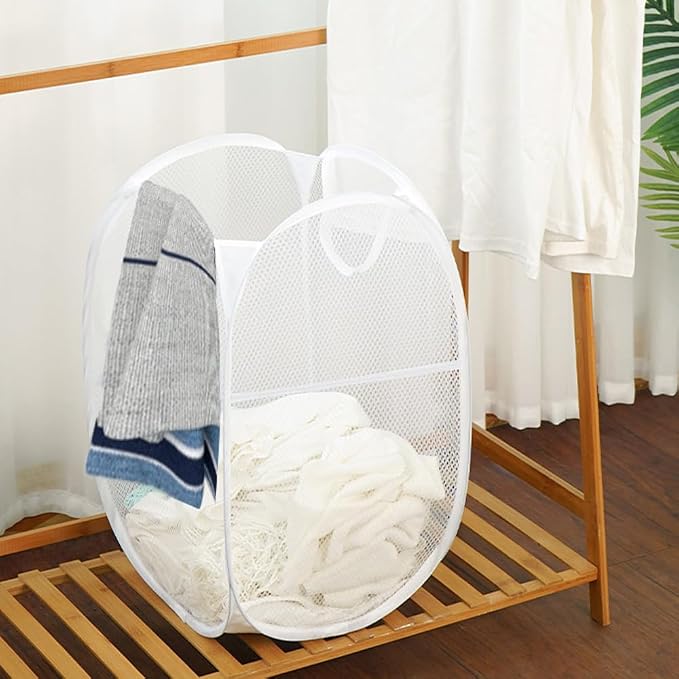 Larpur Pop Up Laundry Basket, Collapsible White Mesh Clothes Hamper Storage - Image 5