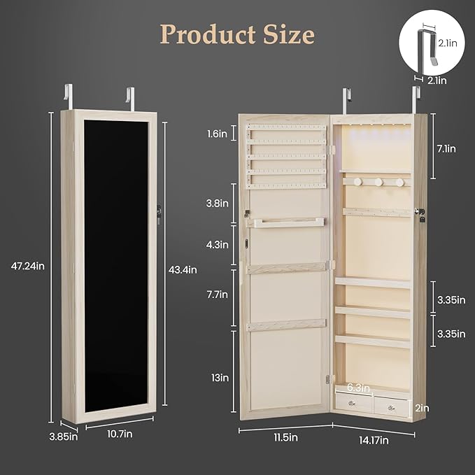 DUMOS 6 LEDs Mirror Jewelry Organizer Cabinet, Jewelry Armoire, 47.2 Inch - Image 2