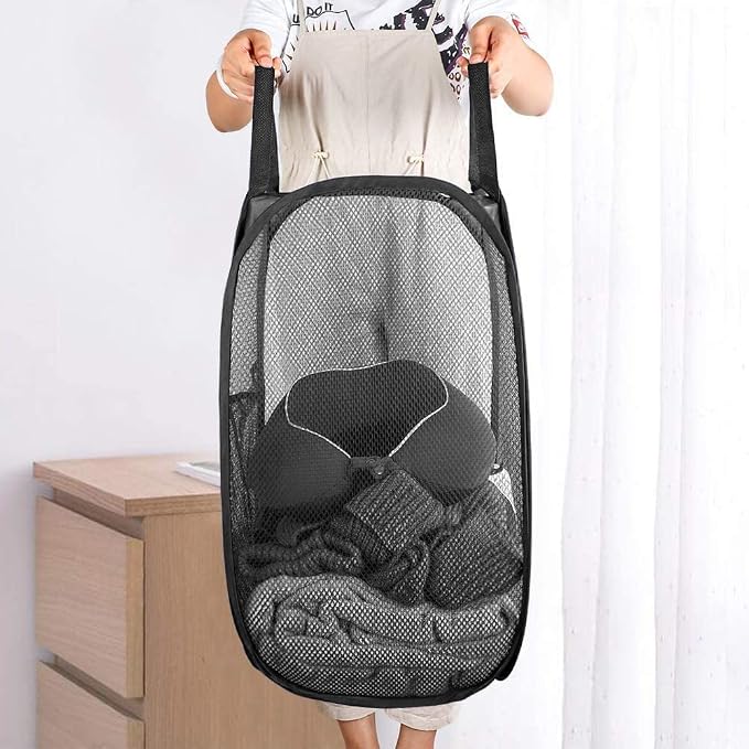 Mesh Pop up Laundry Hamper with Portable Durable Handles, Black Laundry Basket for Storage, Folding Collapsible Pop-Up Clothes Hampers for Home, College Dorm or Travel, Cruise, Black - Image 4