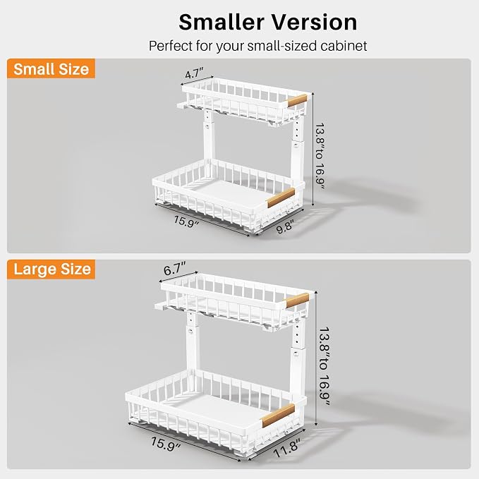 PXRACK Under Sink Organizer, Adjustable Height, 2 Tier Pull Out Under Cabinet Organizer, Slide Out Thickened Metal Under Sink Storage for Kitchen Bathroom Laundry Pantry Cabinet, White, Small-1-Pack - Image 2
