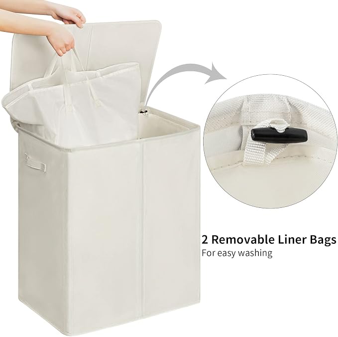 WOWLIVE 154L Double Laundry Hamper 2 Section with Lid and Removable Bags - Image 4