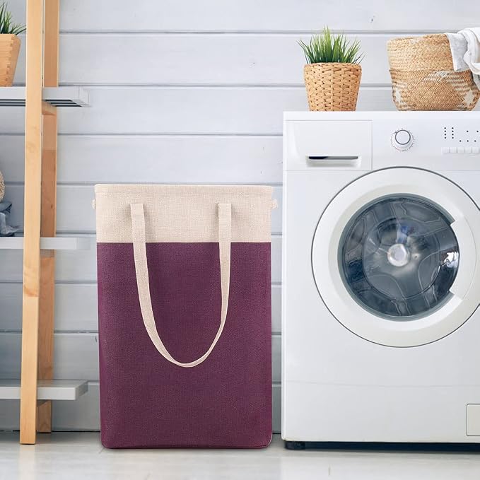 Laundry Basket with Handles Beige&Burgundy Slim Laundry Bin Collapsible Dirty Clothes Basket Narrow Laundry Bag Foldable Dirty Hamper for Camping, Dorms, Apartments - Image 6