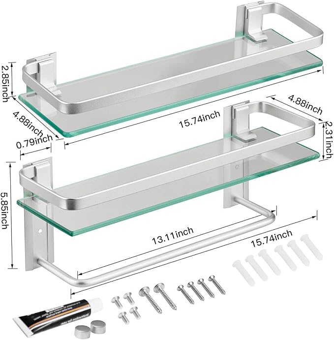 VOLPONE Glass Bathroom Shelf 15.7in Bathroom Shelf Wall Mounted Floating Glass Shelves with Towel Holder Glass Shelf for Bathroom 2 Tier (Sliver) - Image 6