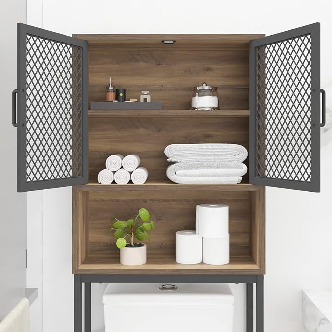 Launica Over the Toilet Storage Cabinet, Over Toilet Bathroom Organizer with Mesh Doors and Shelves, Freestanding Bathroom Storage Cabinet Above Toilet, Wood and Metal, Rustic Oak - Image 7