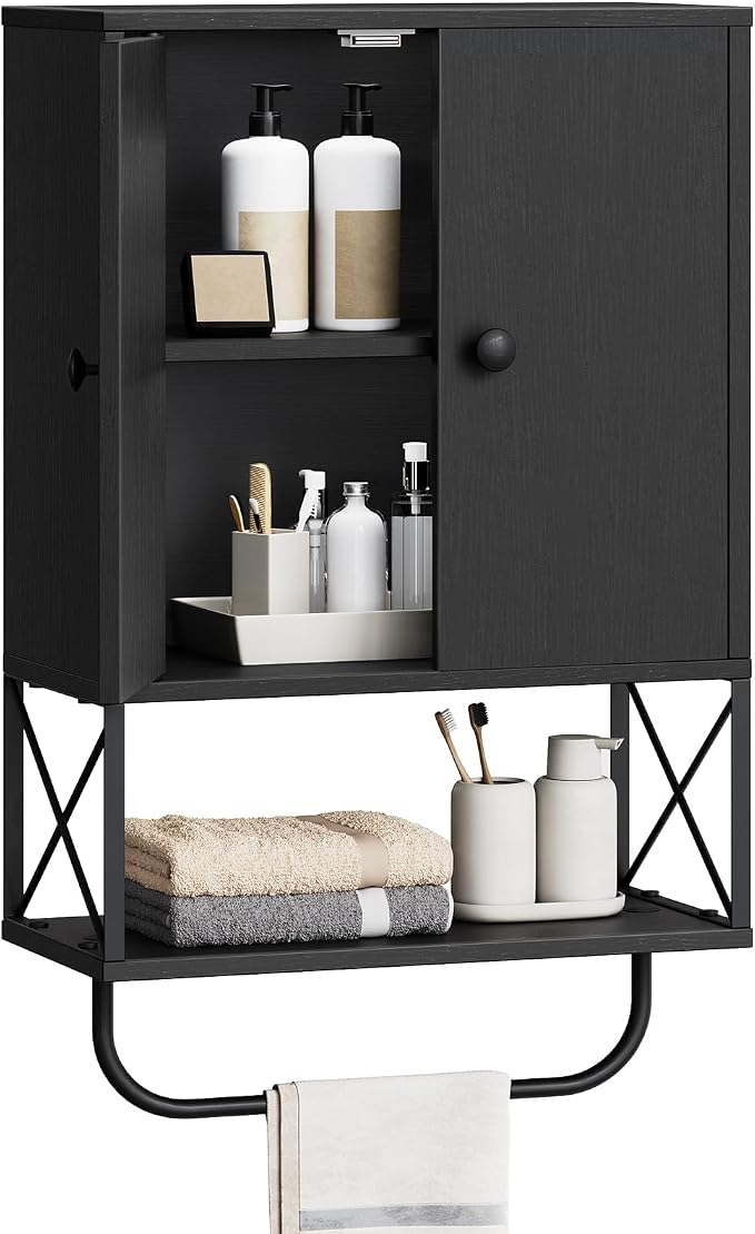 MAHANCRIS Bathroom Wall Cabinet with 2 Door and Adjustable Shelf, Farmhouse Medicine Cabinet with Towel Rack, 3-Tier Wall Mounted Storage Cabinet Over The Toilet for Bathroom Laundry Room, Black by MAHANCRIS