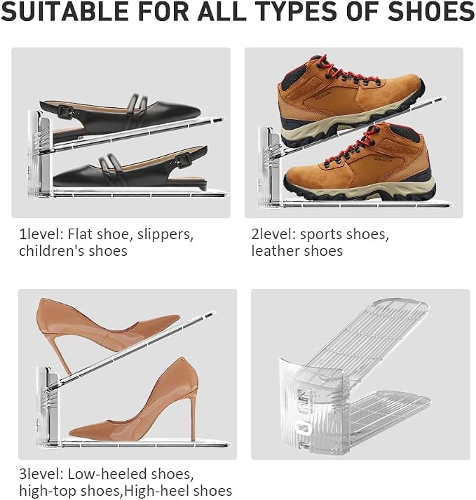 NVGSN 20Pack Clear Shoe Slot Organizer,Shoe Stacker,Storage Space Saver 50% | 3 Levels Adjustable Height 3.7''-7.7''shoe Organizer for Closet,Easy to Assemble shoe Rack Divider,Organizador de Zapatos - Image 6